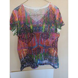 Vintage Fashion Bug Tie Dye Studded Short Sleeve Top Size XL